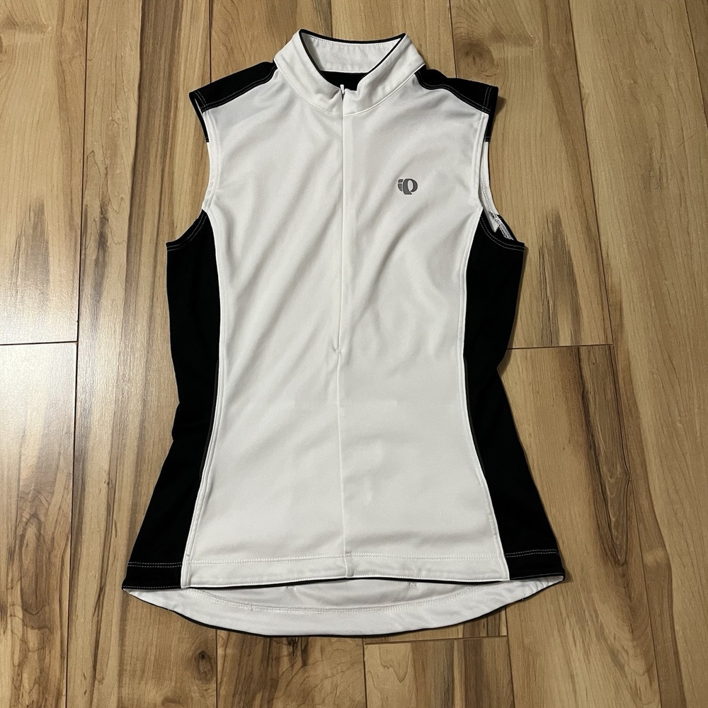Pearl Izumi Womens 1/4 Zip Sleeveless Cycling Jersey Sz M White Blue Pocket Back